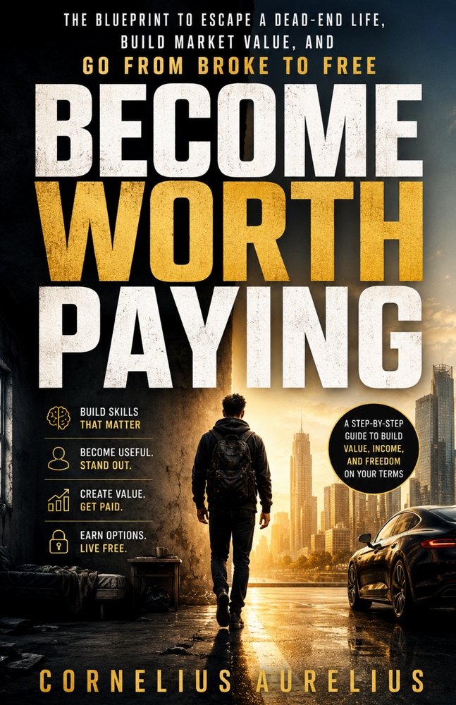 Become Worth Paying free business ebook cover by Cornelius Aurelius about value, skills, income and judgement.