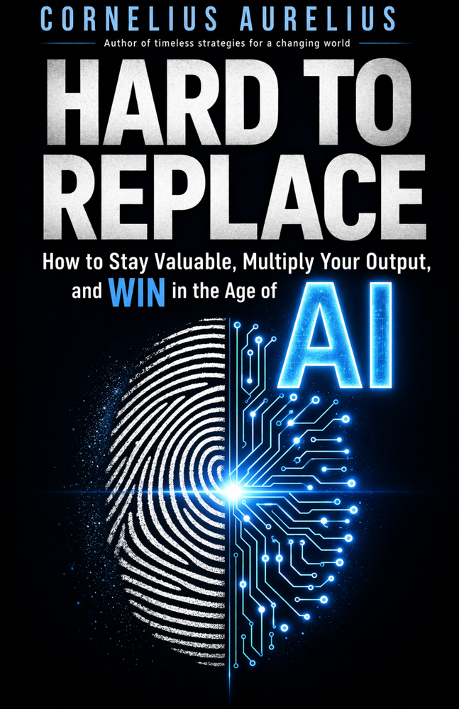 Hard to Replace free business ebook cover by Cornelius Aurelius about AI career skills and business value.