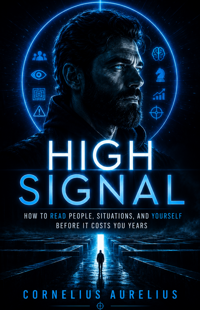 High Signal free business ebook cover by Cornelius Aurelius about reading people, situations and judgement.