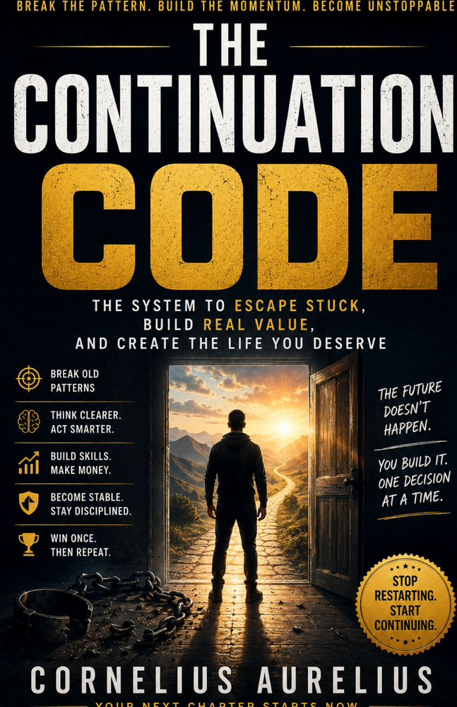 The Continuation Code free ebook cover by Cornelius Aurelius about momentum, discipline and entrepreneurship.